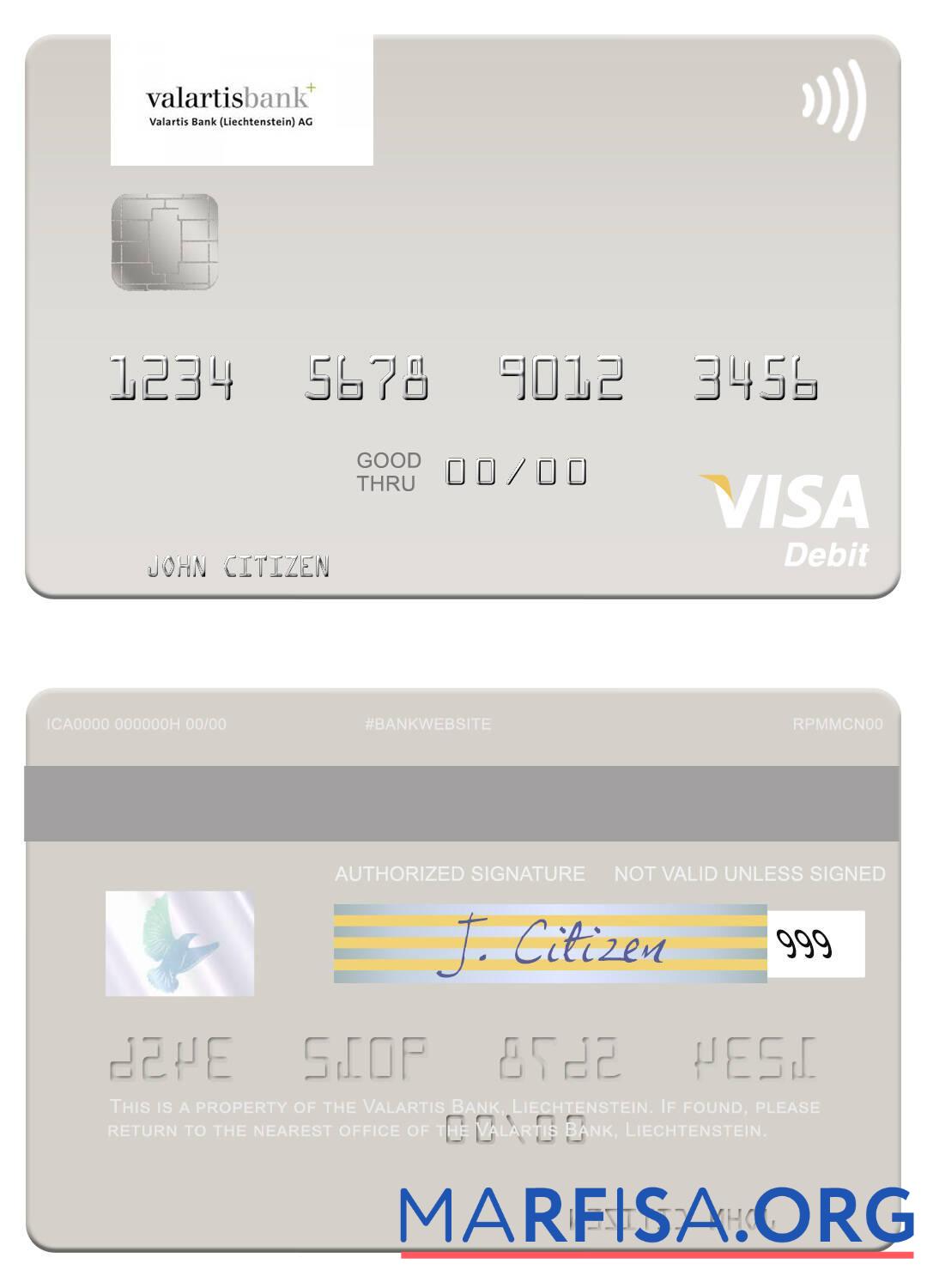 Printable Liechtenstein Valartis Bank visa debit card download for verification